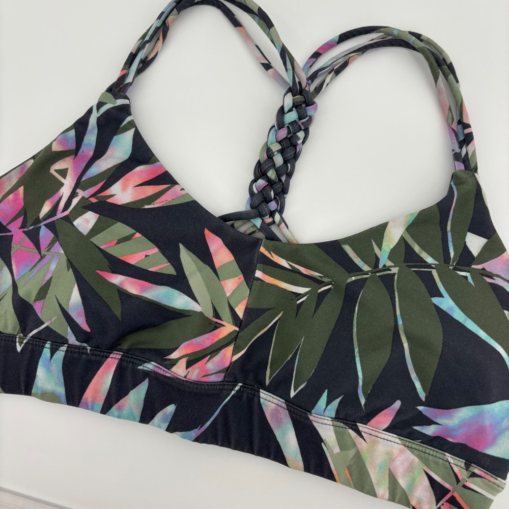 JoyLab Sports Bra‎ Women Small Black Tropical Palm Braided Racerback Excellent